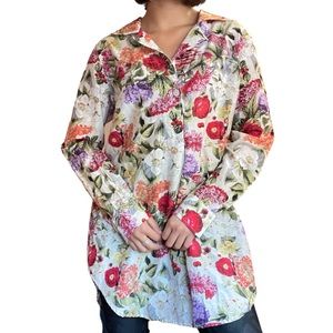 $89 Soft Surroundings Silk Blend Botanical Floral Long -Sleeve Blouse - Medium